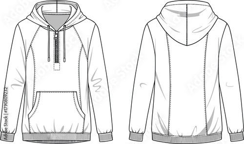 Technical fashion illustration, hoodie front back view, apparel sketch, drawstring hood, kangaroo pocket, casual sweatshirt design, ribbed cuffs hem vector