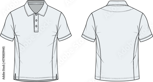 Technical fashion illustration, polo shirt front back view, apparel sketch, short sleeves, button placket, collar detail, casual clothing design vector drawing