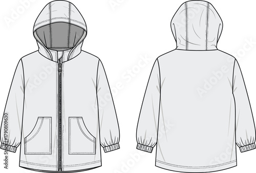 Technical fashion sketch, hooded jacket front and back view, zipper closure, patch pockets, elastic cuffs, garment drawing, outerwear design