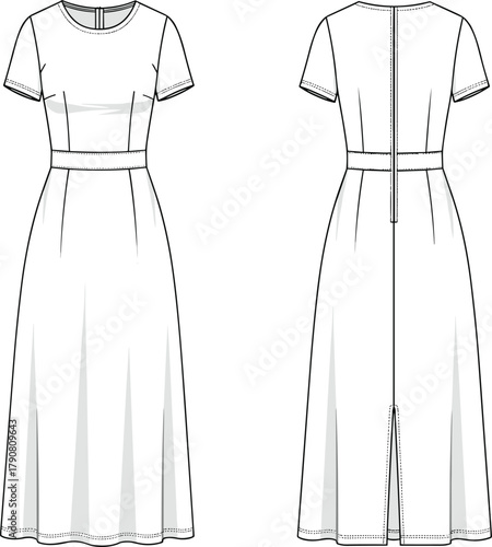 Technical fashion sketch, midi dress front and back, short sleeve, flared skirt, bust darts, zipper back, pleated panels, garment construction