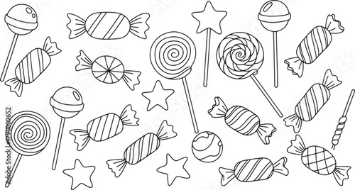 Collection of black and white candies and lollipops line art