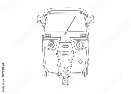 Clean line art illustration of a CNG auto rickshaw front view.
Minimal vector drawing ideal for transport design, city mobility projects, or automotive concept artworks.