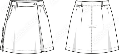 Technical skirt fashion sketch front and back view, pleated hem, waistband, button closure, zipper, darts, garment construction drawing