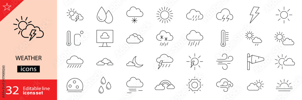 Fototapeta premium Weather icons set. Includes symbols of sun, clouds, rain, snow, storms, wind, and temperature. Editable stroke. Vector illustration. Outline icons. Perfect for nature, and climate projects.
