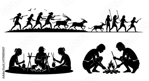 Primitive hunter-gatherers hunting and making fire for survival