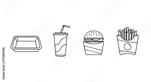 Classic fast food meal line art icons: tray, soda, burger, fries.