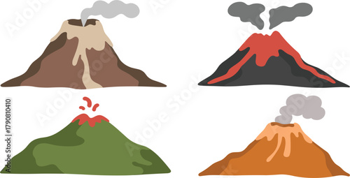 Cartoon Volcano Vector Set, Dormant, Active, and Erupting Mountains, Lava, Smoke, and Ash Cloud Illustration
