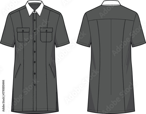 Women’s shirt dress flat sketch, technical fashion illustration, short sleeve button down design, front and back view, apparel template, garment construction