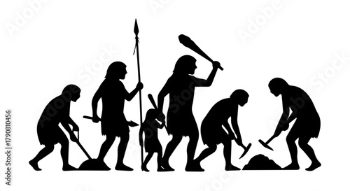 Primitive human group using tools, depicting early labor and life