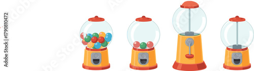 Retro Gumball Vending Machine Vector Set, Candy Dispenser, Bubble Gum Balls, Fortune, and Childhood Treat Graphic