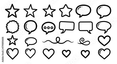 Hand-drawn doodle set of stars, speech bubbles, hearts, dividers.