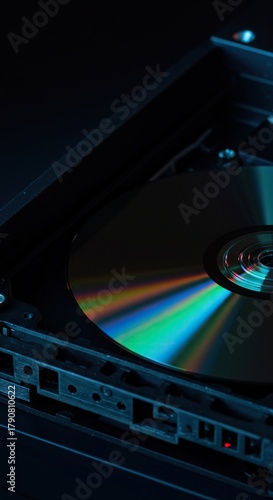 A close-up view of a shimmering optical disc resting in an open drive tray, highlighting data storage innovation ,technology ,computer hardware ,entertainment