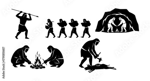 Prehistoric human activities, ancient hunter-gatherer lifestyle set.
