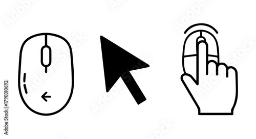 Computer mouse pointer click and scroll interaction line icons