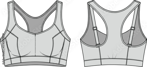 Women's sports bra technical sketch, front and back view, racerback, adjustable straps, contour seams, activewear design, stitching detail