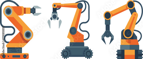 Industrial Robotic Arm Vector Set, Factory Automation, Manufacturing, Modern Technology, and Mechanical Claw Grabber