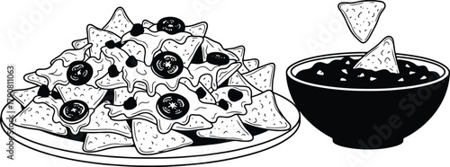 Delicious nachos with cheese and toppings served with salsa bowl