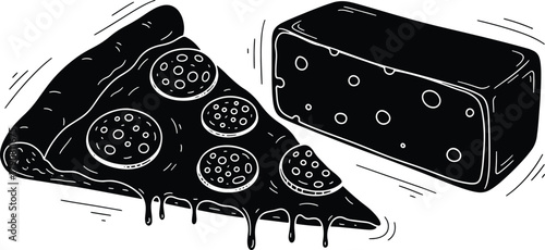 Delicious pepperoni pizza slice and cheese block graphic black and white