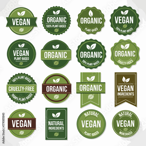 Vector set of organic eco bio natural food product badges, green leaf stickers, and vintage sign labels for healthy sale illustration
