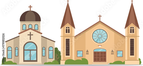 Vector Set of Two Church Buildings, Christian Worship Centers, Cross, Steeple, Dome, and Religious Architecture
