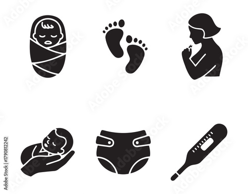 Minimalist black icons set for newborn care and parenting — ideal for motherhood, education and childcare content.

