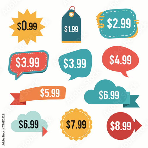 Discount price tag with important sale information. Product sticker with cheap price in dollar for merchandise in online shop