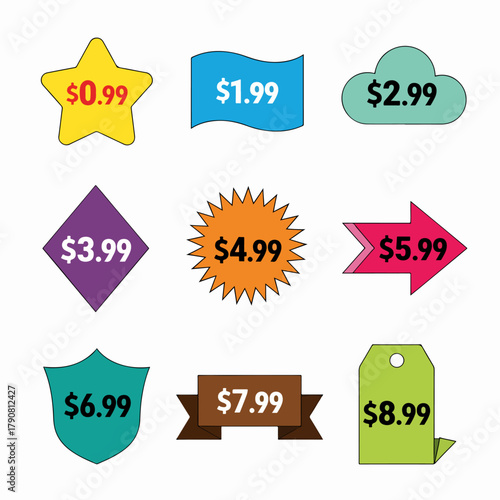 Discount price tag with important sale information. Product sticker with cheap price in dollar for merchandise in online shop, fashion marketplace vector illustration isolated on white background.