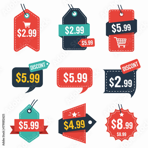 Eye catching sale labels featuring bright colors and modern abstract design styles