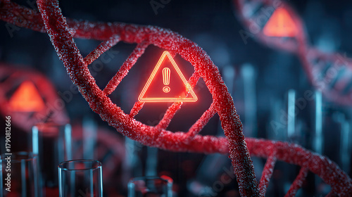 Warning symbol on red dna helix in scientific laboratory