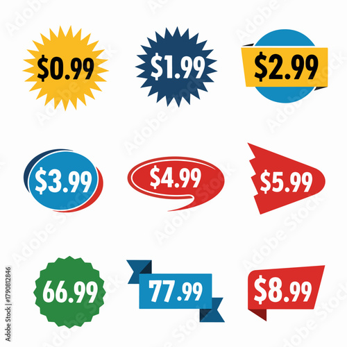 Retail Sale Labels Featuring Price Tags with Discounts and Promotional Offers