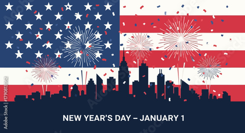New Years Day Celebration with Fireworks and American Flag.