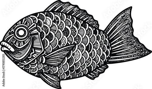 Detailed line art illustration of a black and white ornamental fish