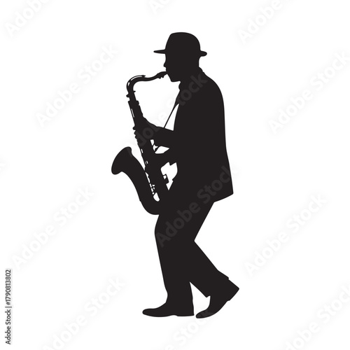 Silhouette of a man playing a saxophone, isolated on white background, in a vector style, full body shot