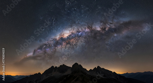 A view of the milky way galaxy over a mountain range with a dark sky full of stars at night time