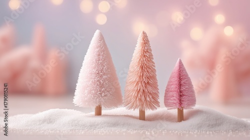 Christmas Pink Trees Illustration with Snow and Bokeh Lights on Pastel Background, Ideal for Wallpaper, Poster, Greeting Card and Modern Festive Design Elements