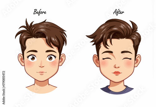 Illustration depicting a side-by-side transformation of an animated character, showcasing changes in hairstyle, eyebrow shape, and facial expression