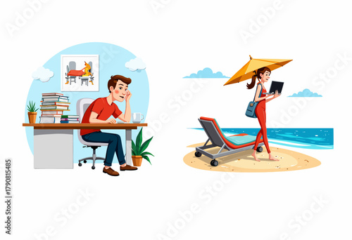 Illustration of a Man Overwhelmed by Work and Woman Relaxing on Beach with Tablet, Contrasting Busy Office Life with Leisurely Beach Escape