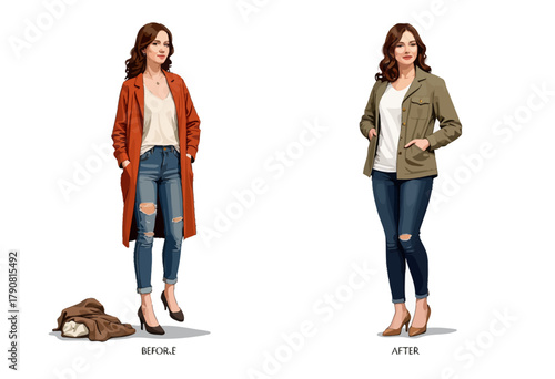Illustration of Fashion Transformation Featuring Woman in Casual Outfits Before and After Style Change with Outerwear and Accessories Update