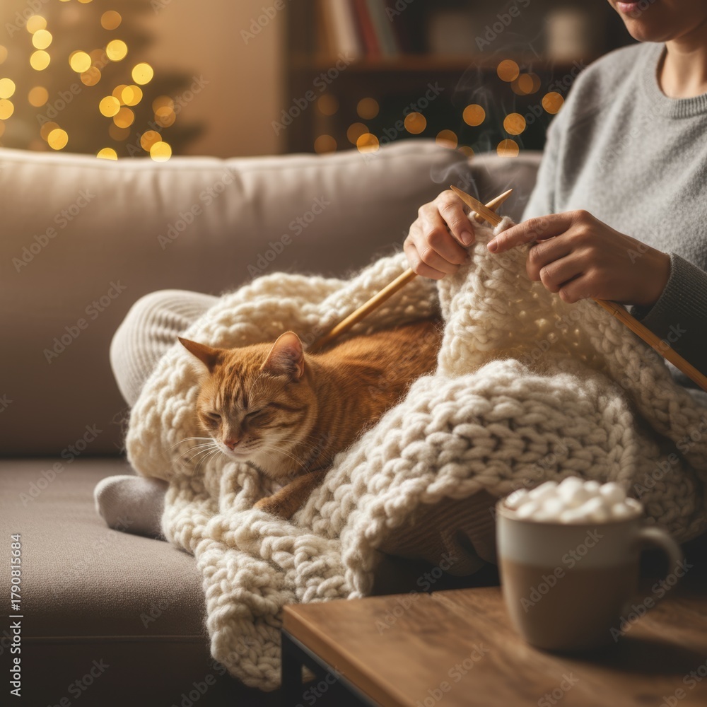 Obraz premium A girl knits with a cat and drinks cocoa