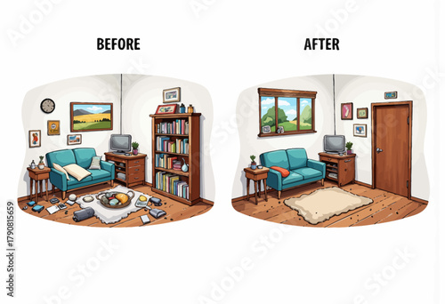 Transformation of a Cluttered Living Room into a Neat and Organized Space with Minimalistic Decor and Improved Layout for Maximum Comfort and Aesthetic Appeal