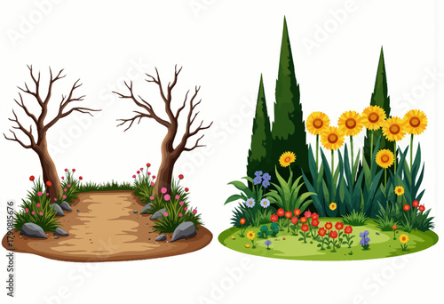 Illustration of a Contrasting Landscape Featuring Bare Trees and Blooming Flowers in Lush Garden Settings with Pathways and Greenery