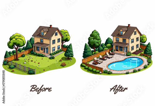 Illustrated Transformation of a Backyard from Simple Green Lawn to Luxurious Poolside Retreat with Modern Landscaping