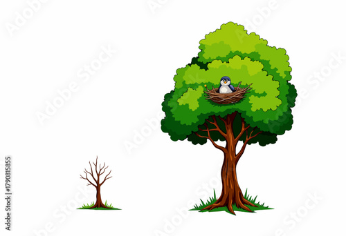 Bird resting comfortably in a nest perched atop a lush green tree while another small barren sapling stands nearby on a white background symbolizing growth and potential