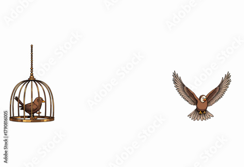 Contrasting Symbols of Freedom and Captivity: Caged Bird Facing Liberated Bird in Flight Against a Minimalist Background