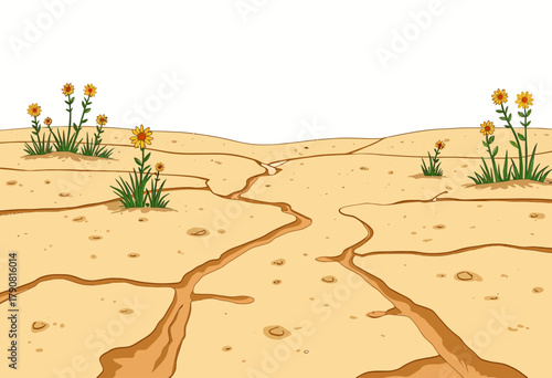 Illustration of Arid Desert Landscape with Cracked Earth and Sparse Wildflowers Amidst Expansive Sandy Terrain Under a Clear Sky