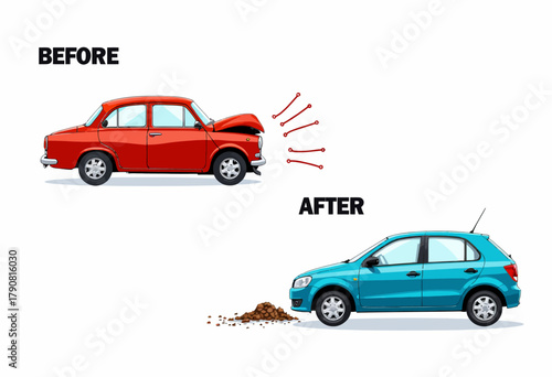 Illustration of a Red Sedan Car Before Collision and a Blue Hatchback Car After Collision Depicting Accident Damage and Repair Differences