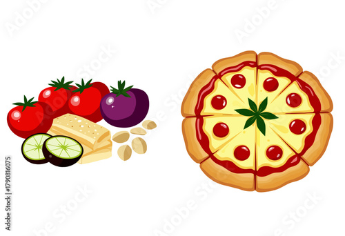 Illustration of Delicious Pizza with Toppings Including Fresh Tomatoes, Eggplant, Zucchini, Cheese, and Sliced Pizza Displaying Tasty Ingredients