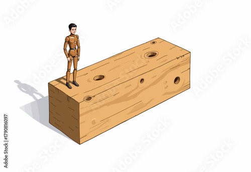 Illustration of a small action figure standing on a large wooden block casting a shadow on a white background