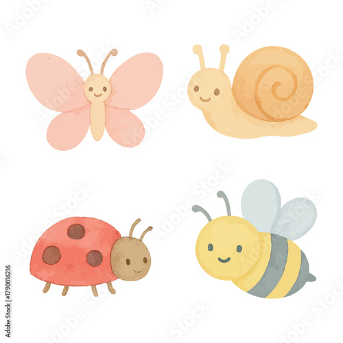 Cute Garden Insects Set Bee, Butterfly, Snail, Ladybug. Vector Illustration. AI Generative