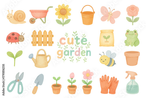 Cute garden vector set with tools, flowers, insects and plants, AI generated.
